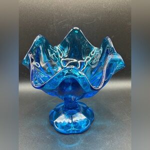 Vintage Mid Century Modern MCM Blue Stretch Glass Footed Compote Dish Bowl Tazza